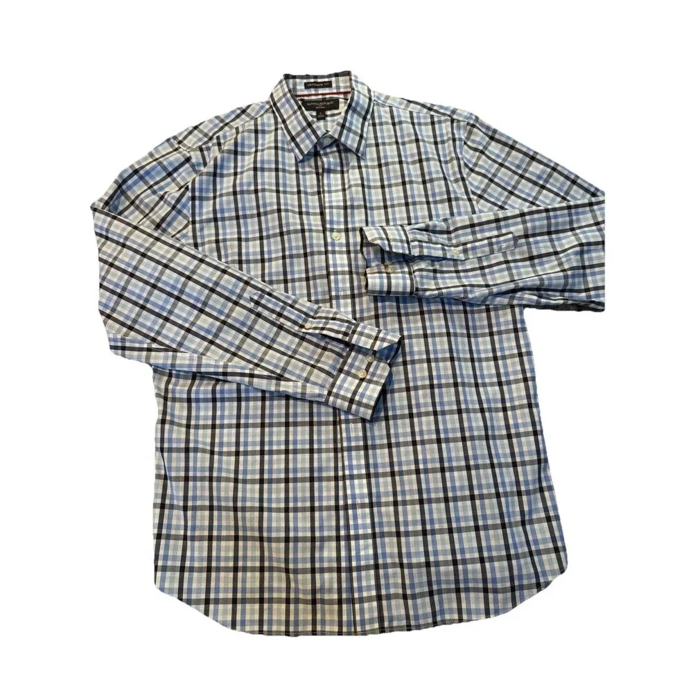 Banana Republic Non-Iron‎ Untucked Fit Shirt L Blue Plaid 100% Cotton
